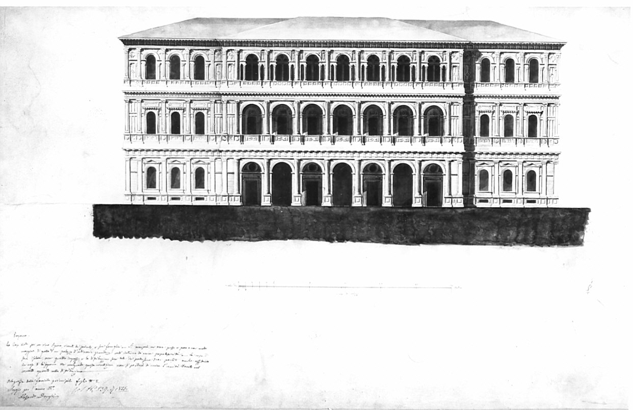 prospetto, architettura: progetto per palazzo (disegno, opera isolata) di Donghi Alessandro (sec. XIX)