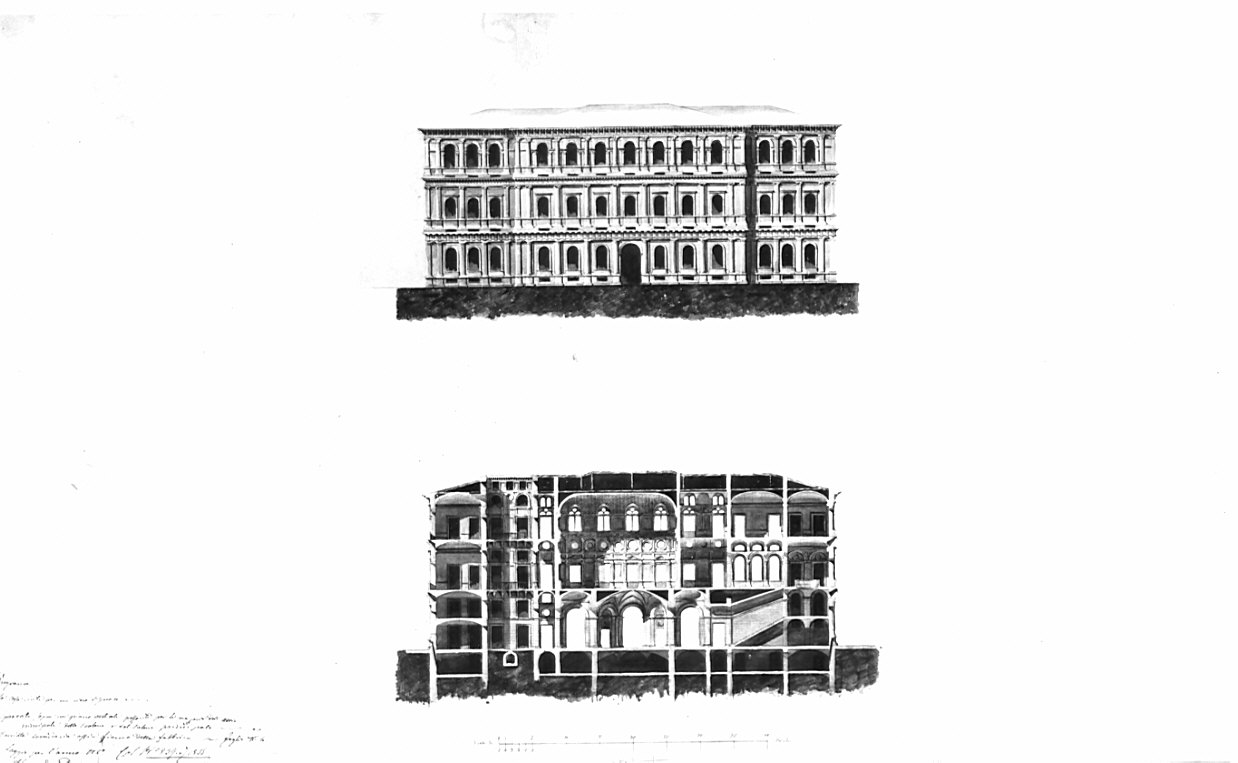 prospetto laterale e sezione, architettura: progetto per palazzo (disegno, opera isolata) di Donghi Alessandro (sec. XIX)