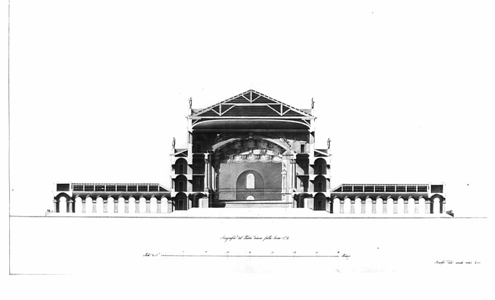 sezione trasversale sulla linea C.D, architettura: progetto per Teatro diurno (disegno, opera isolata) di Sada Carlo (sec. XIX)