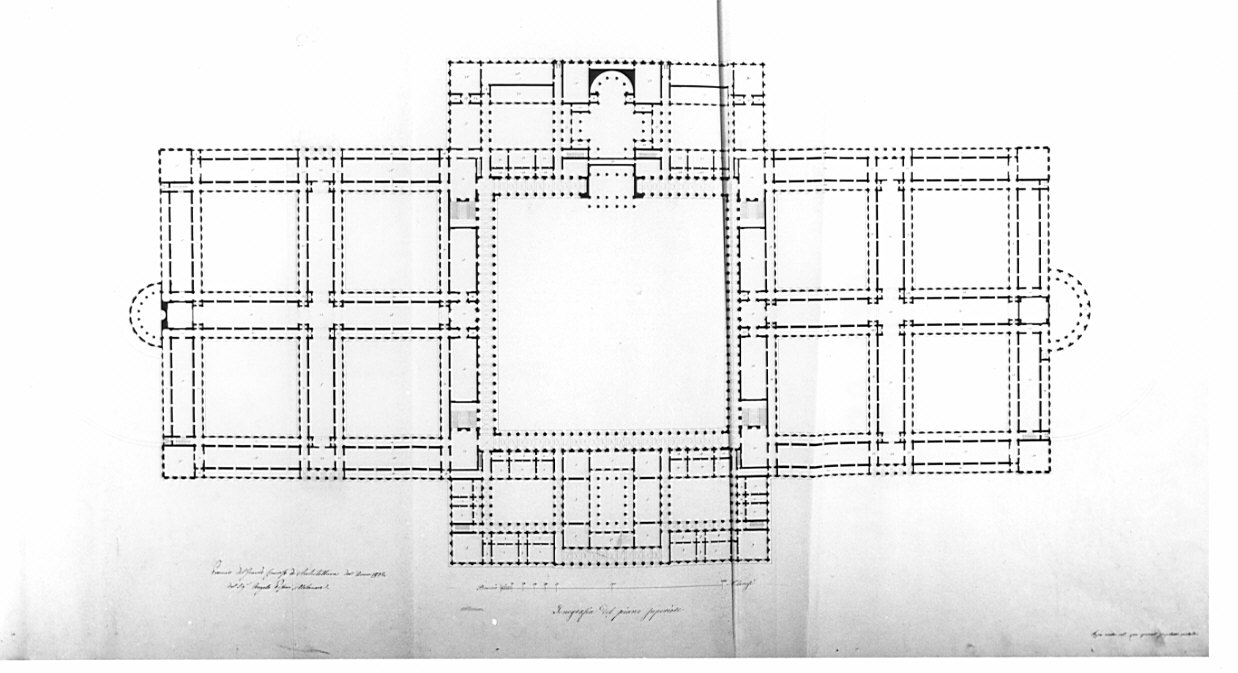 schizzo su velina, architettura: progetto per ospedale (disegno, elemento d'insieme) di Pisoni Angelo (sec. XIX)