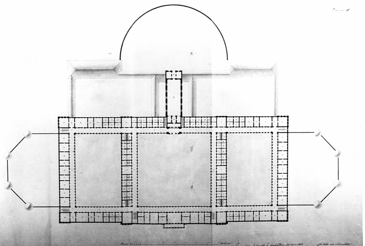 pianta, architettura: progetto per caserma ad uso di cavalleria (disegno, opera isolata) di Casati Marco (sec. XIX)