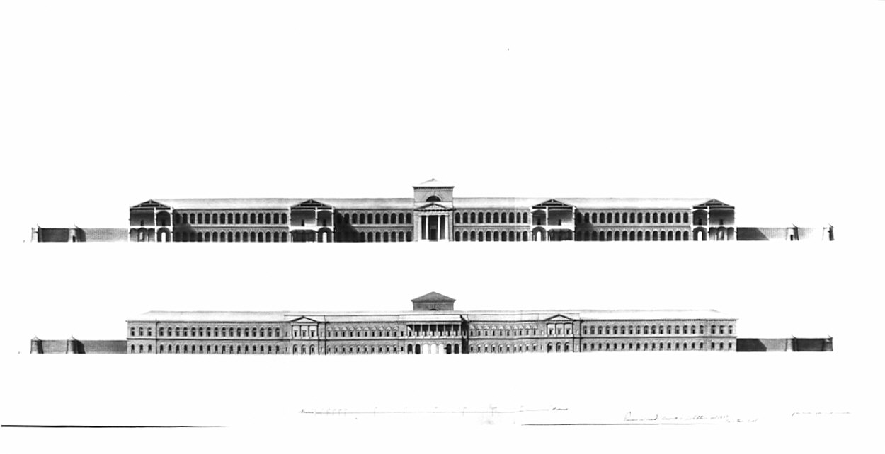 prospetto e sezione, architettura: progetto per caserma ad uso di cavalleria (disegno, opera isolata) di Casati Marco (sec. XIX)