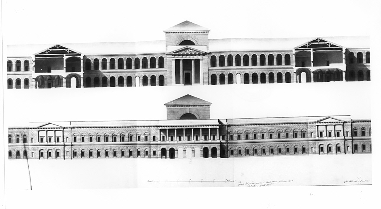 prospetto e sezione, architettura: progetto per caserma ad uso di cavalleria (disegno, opera isolata) di Casati Marco (sec. XIX)