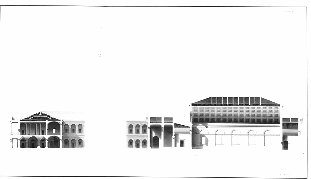 sezione, architettura: progetto per caserma ad uso di cavalleria (disegno, opera isolata) di Casati Marco (sec. XIX)