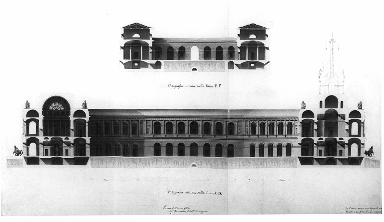 sezioni, architettura: progetto per ufficio di Posta (disegno, opera isolata) di Crivelli Ferdinando (sec. XIX)