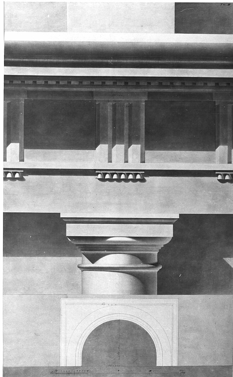 prospetto e sezione, architettura: rilievo del Teatro di Marcello a Roma (disegno, opera isolata) di Bovara Giuseppe (sec. XIX)
