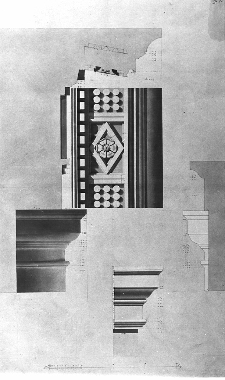 prospetto e sezioni, architettura: rilievo del Teatro di Marcello a Roma (disegno, opera isolata) di Bovara Giuseppe (sec. XIX)