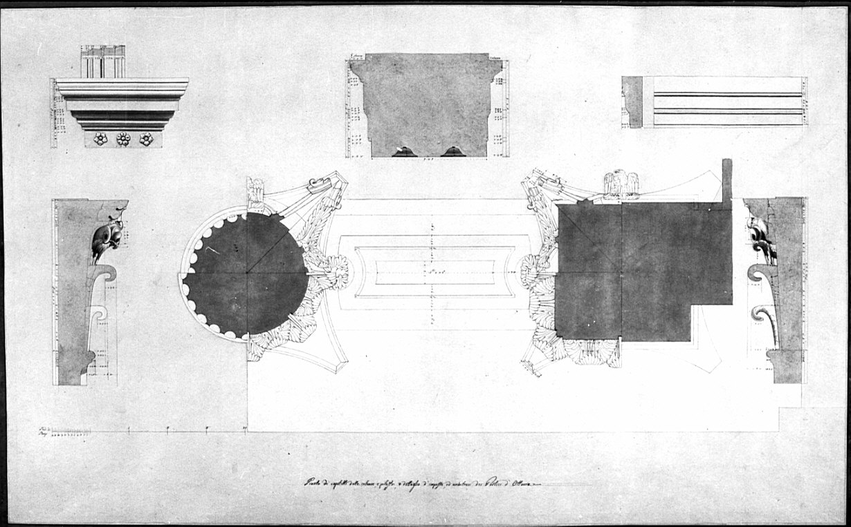 prospetti e sezioni di particolari di capitelli, mensole e architrave, architettura: rilievo dei portici di Ottavia (disegno, opera isolata) di Bovara Giuseppe (sec. XIX)
