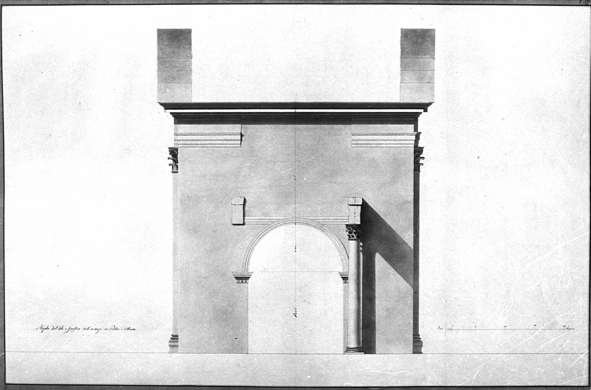 prospetto del fianco sinistro, architettura: rilievo dei portici di Ottavia (disegno, opera isolata) di Bovara Giuseppe (sec. XIX)