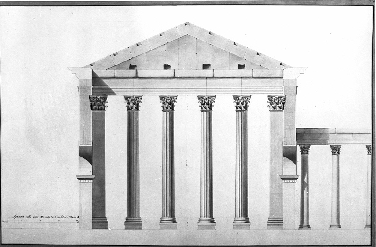 sezione longitudinale interna, architettura: rilievo dei portici di Ottavia (disegno, opera isolata) di Bovara Giuseppe (sec. XIX)