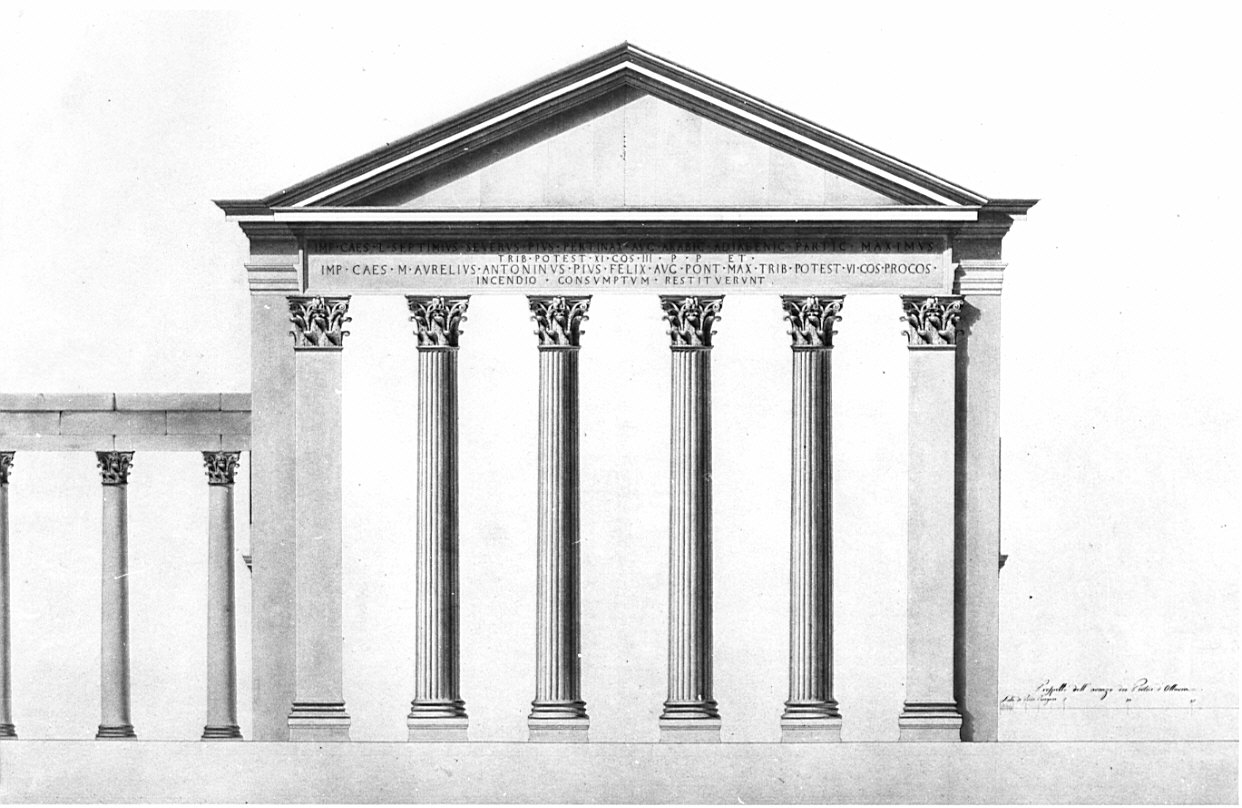 prospetto anteriore, architettura: rilievo dei portici di Ottavia (disegno, opera isolata) di Bovara Giuseppe (sec. XIX)