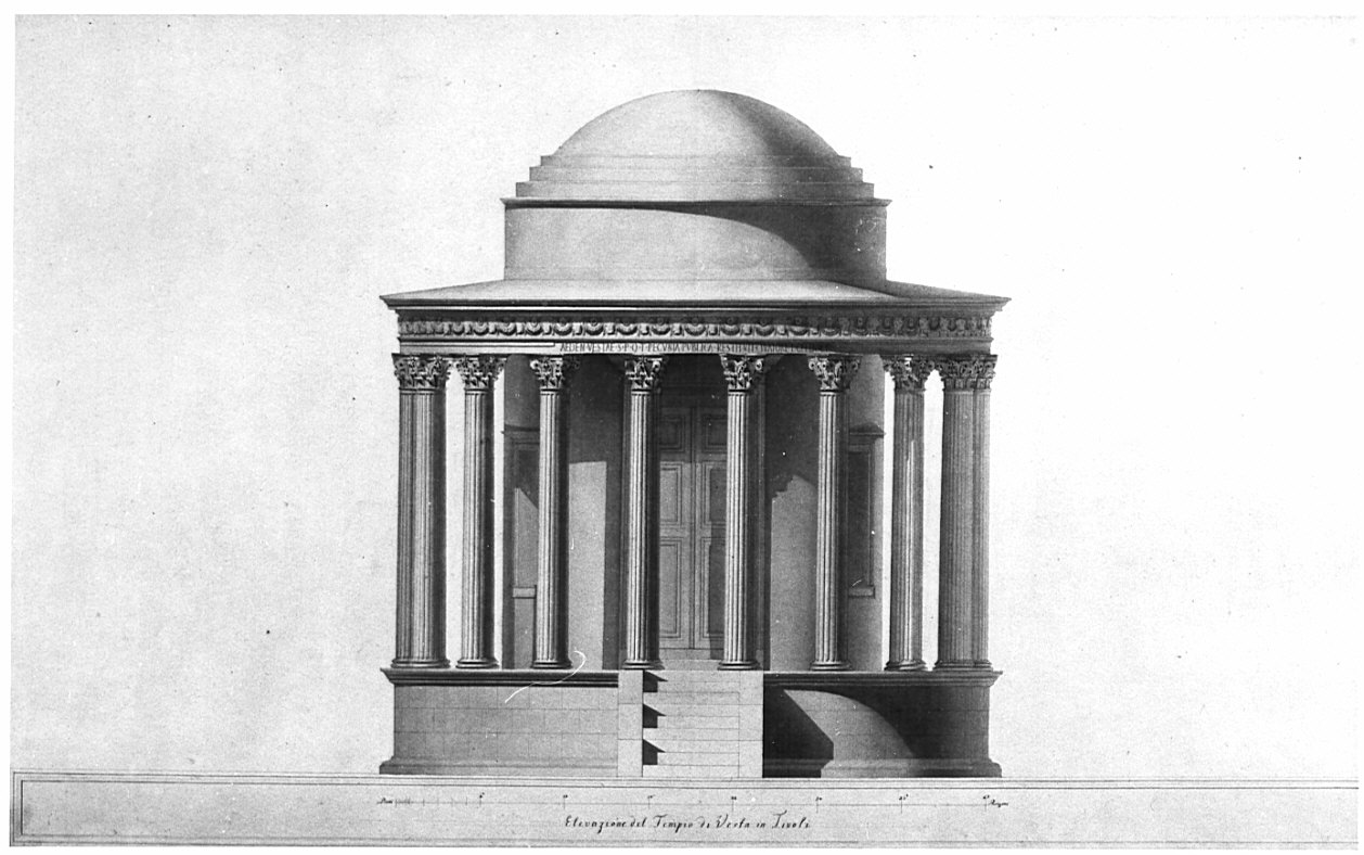 prospetto anteriore, architettura: rilievo del Tempio di Vesta a Tivoli (disegno, opera isolata) di Bovara Giuseppe (sec. XIX)