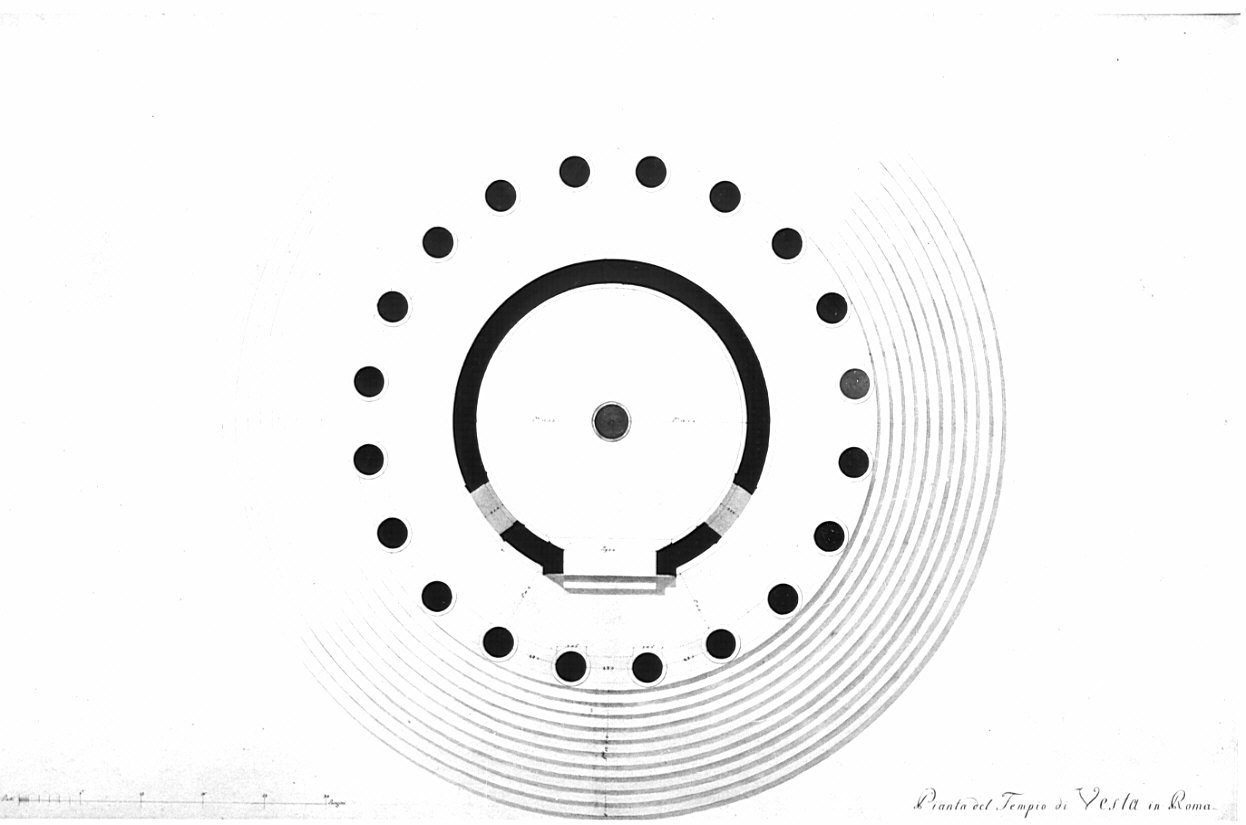 planimetria, architettura: rilievo del Tempio di Vesta a Roma (disegno, opera isolata) di Bovara Giuseppe (sec. XIX)