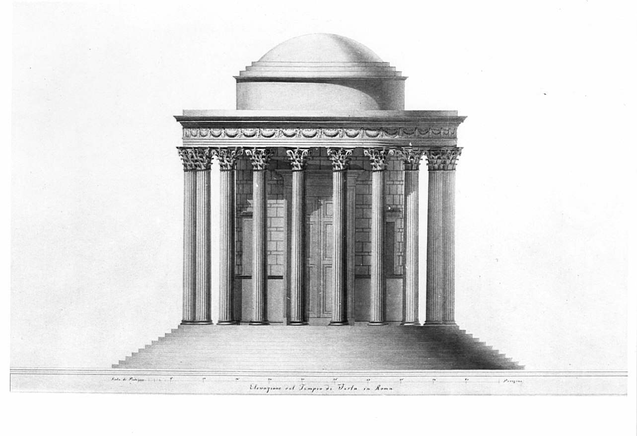 prospetto anteriore, architettura: rilievo del Tempio di Vesta a Roma (disegno, opera isolata) di Bovara Giuseppe (sec. XIX)