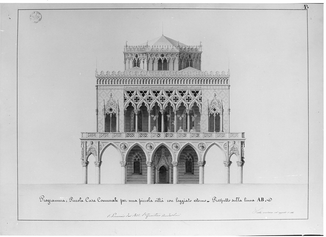 prospetto, architettura: progetto per casa comunale di piccola città (disegno, opera isolata) di Anderloni Faustino (sec. XIX)