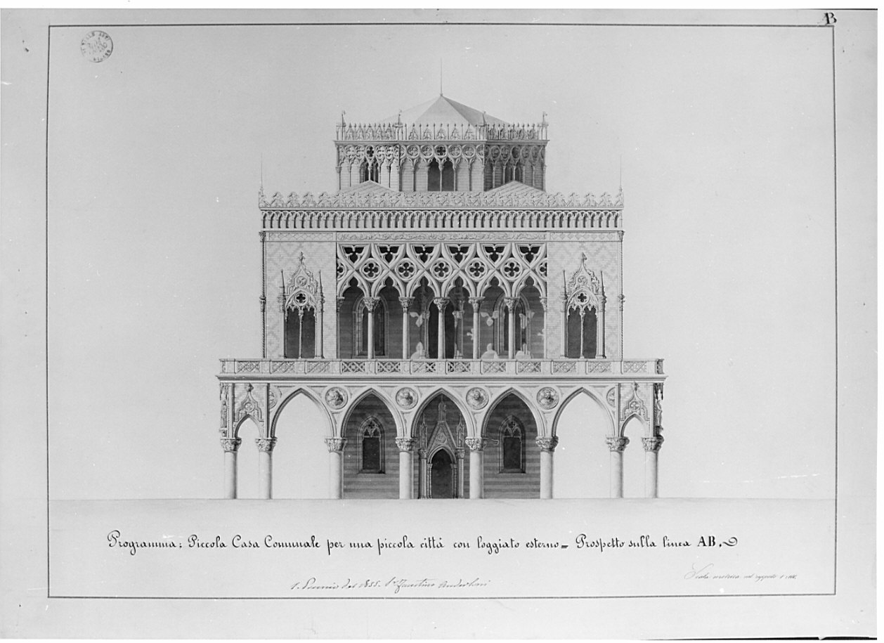 prospetto, architettura: progetto per casa comunale di piccola città (disegno, opera isolata) di Anderloni Faustino (sec. XIX)