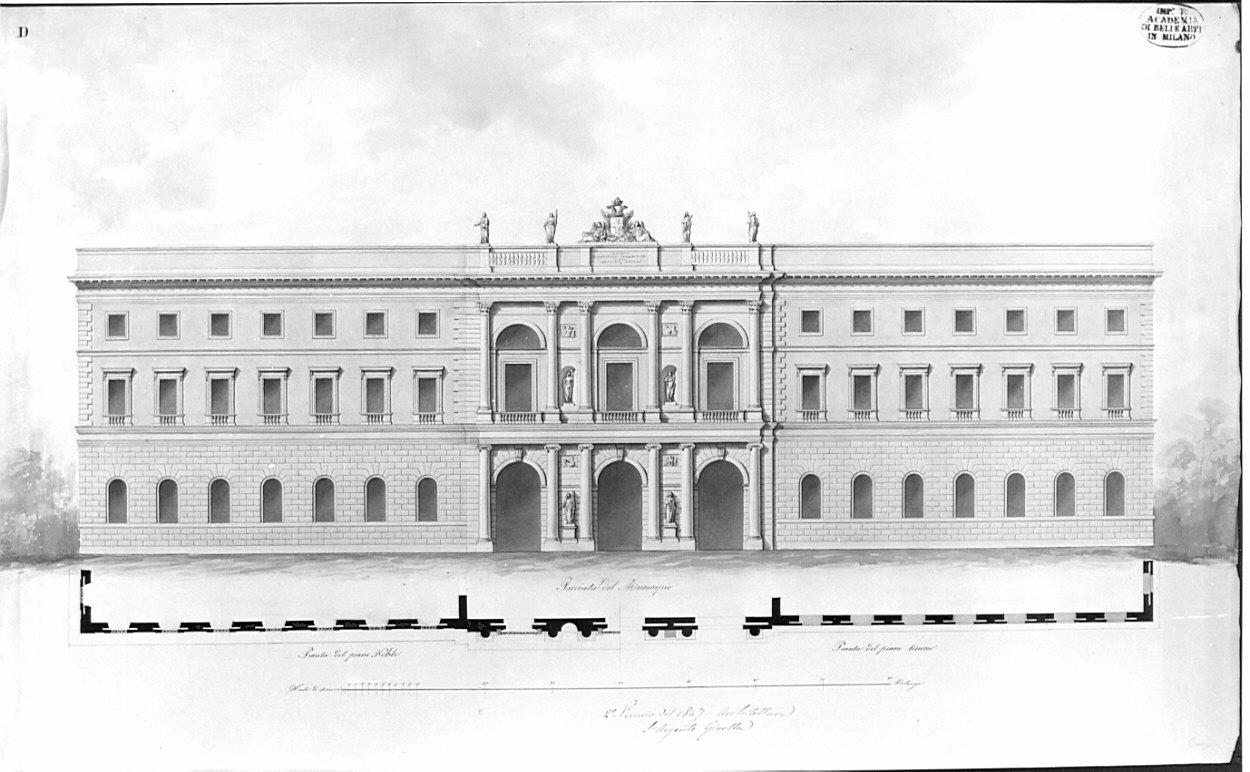prospetto e pianta, architettura: progetto per facciata di municipio (disegno, opera isolata) di Ginella Argento (sec. XIX)