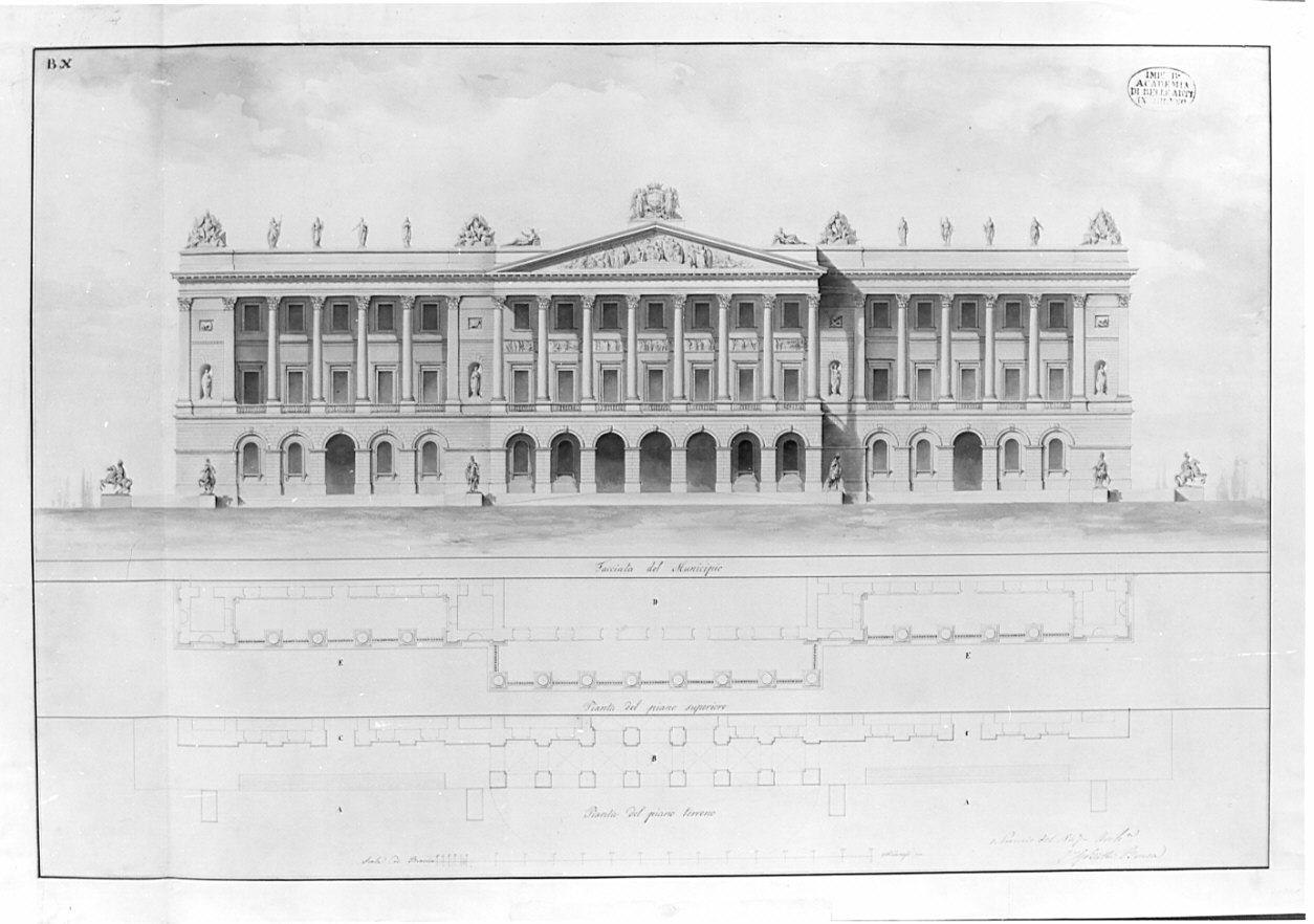 prospetto e sezioni, architettura: progetto per facciata di un municipio (disegno, opera isolata) di Brusa Giovanni Battista (sec. XIX)