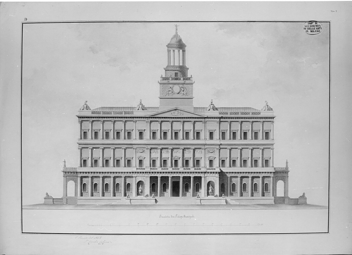 prospetto, architettura: progetto per facciata di un palazzo municipale (disegno, opera isolata) di Calzini Cornelio (sec. XIX)