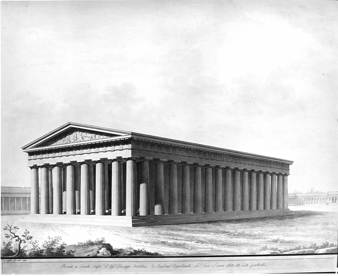 prospettiva, architettura: tempio dorico (disegno, opera isolata) di Castellini Giuseppe (sec. XIX)