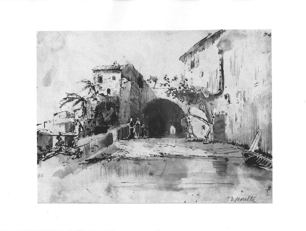 veduta di spiaggia con case (disegno, serie) di Morelli Domenico (seconda metà sec. XIX)