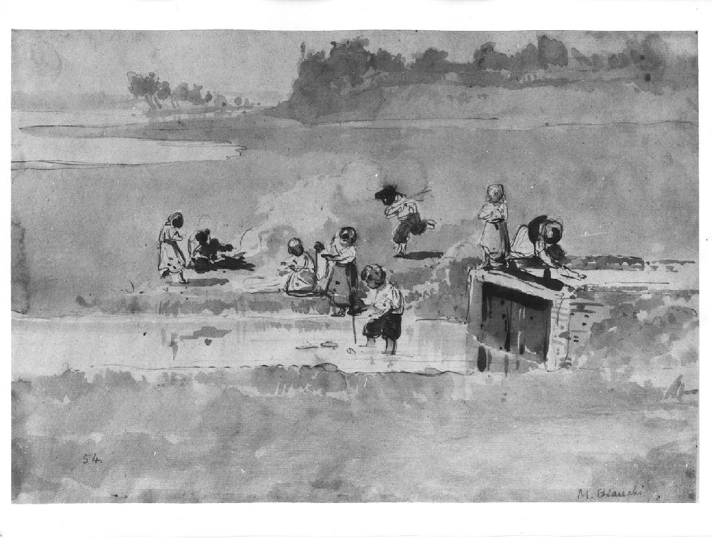 gruppo di bambini che giocano presso la chiusa di un canale (disegno) di Bianchi Mosè (seconda metà sec. XIX)