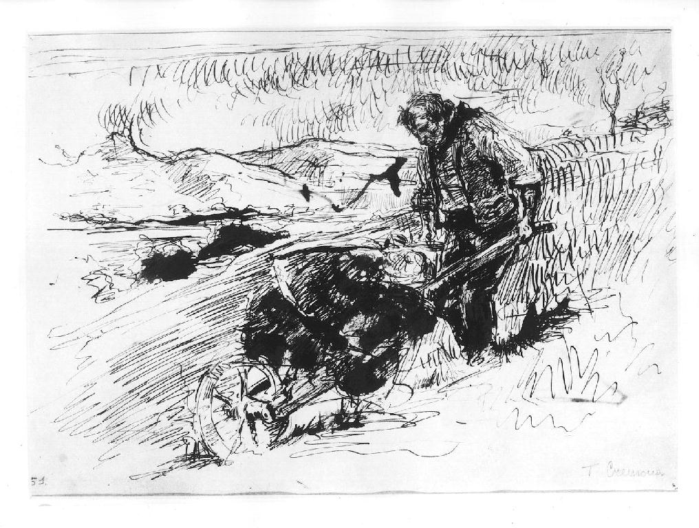 contadino al lavoro nei campi mentre spinge una carriola (disegno) di Cremona Tranquillo (sec. XIX)