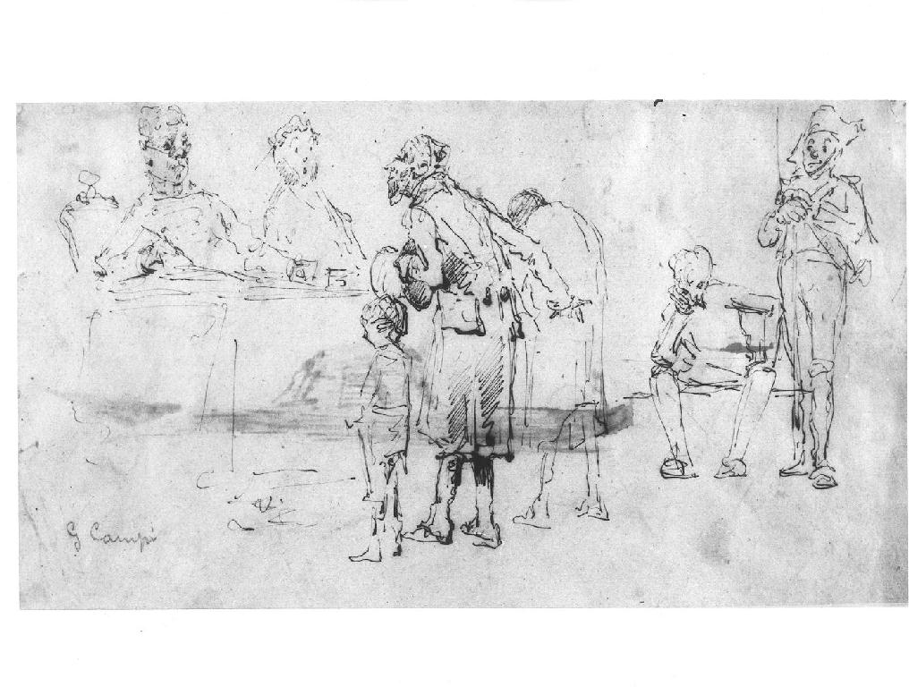 di fronte al tribunale, scena di genere (disegno, serie) di Campi Giacomo (fine/inizio secc. XIX/ XX)