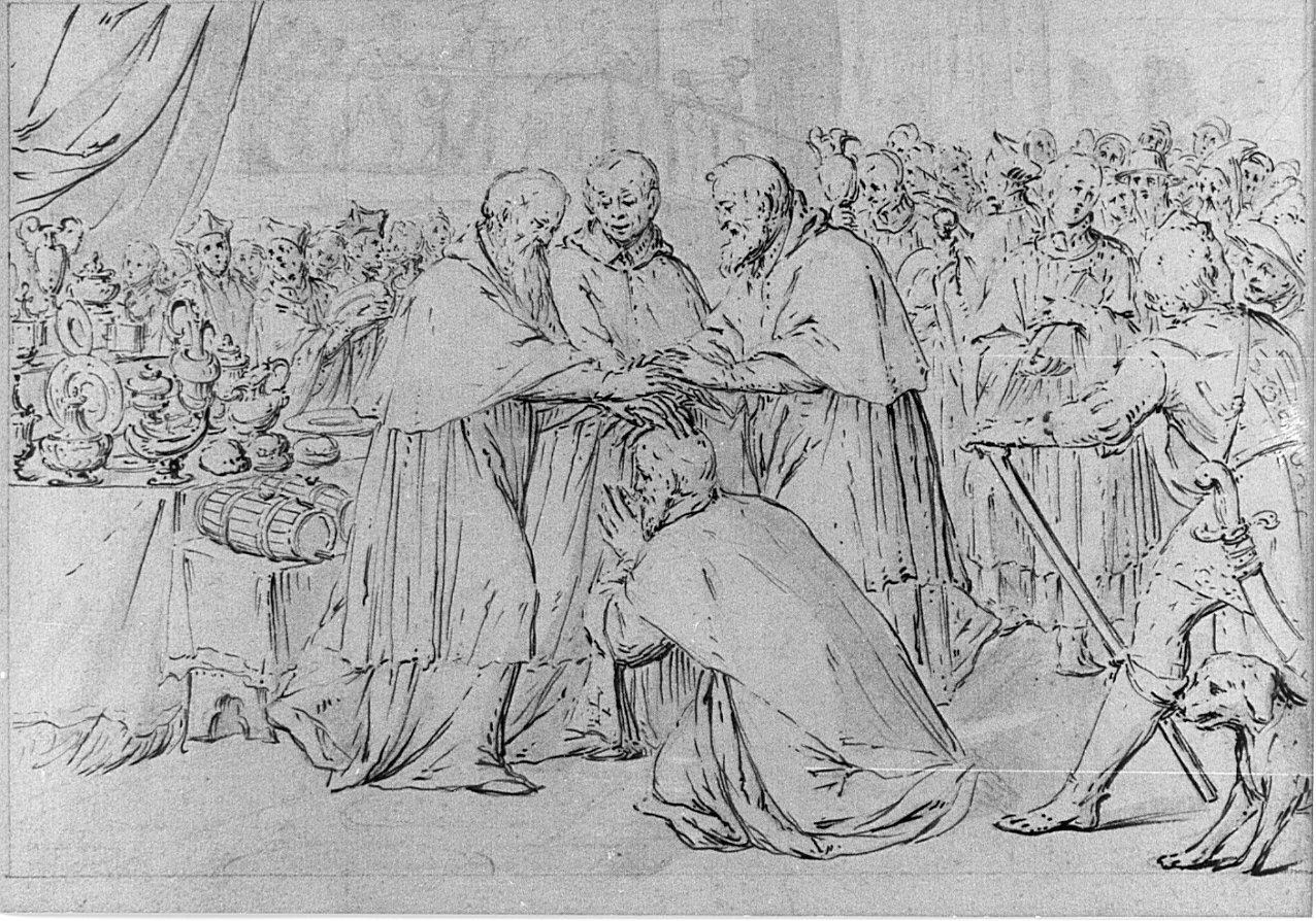 Episodi della vita di S. Alessandro Sauli: San Carlo gli dona i paramenti sacri e gli arredi (disegno) - ambito italiano (sec. XVII)