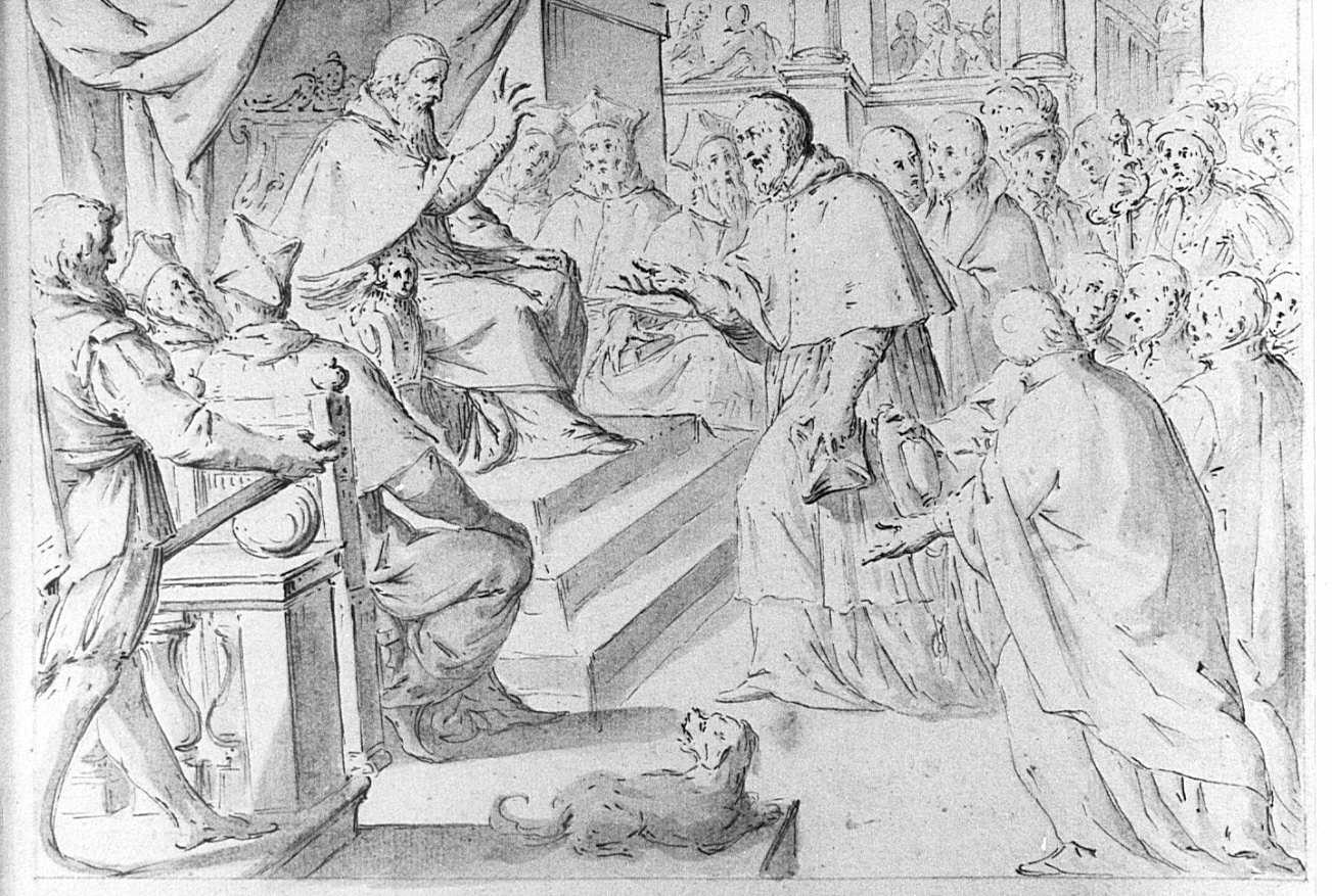 Episodi della vita di S. Alessandro Sauli: ricevuto del Papa ottiene benefici per la chiesa di Corsica (disegno) - ambito italiano (sec. XVII)