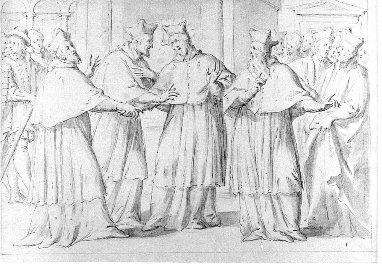 Episodi della vita di S. Alessandro Sauli: l'amicizia con i tre cardinali (disegno) - ambito italiano (sec. XVII)