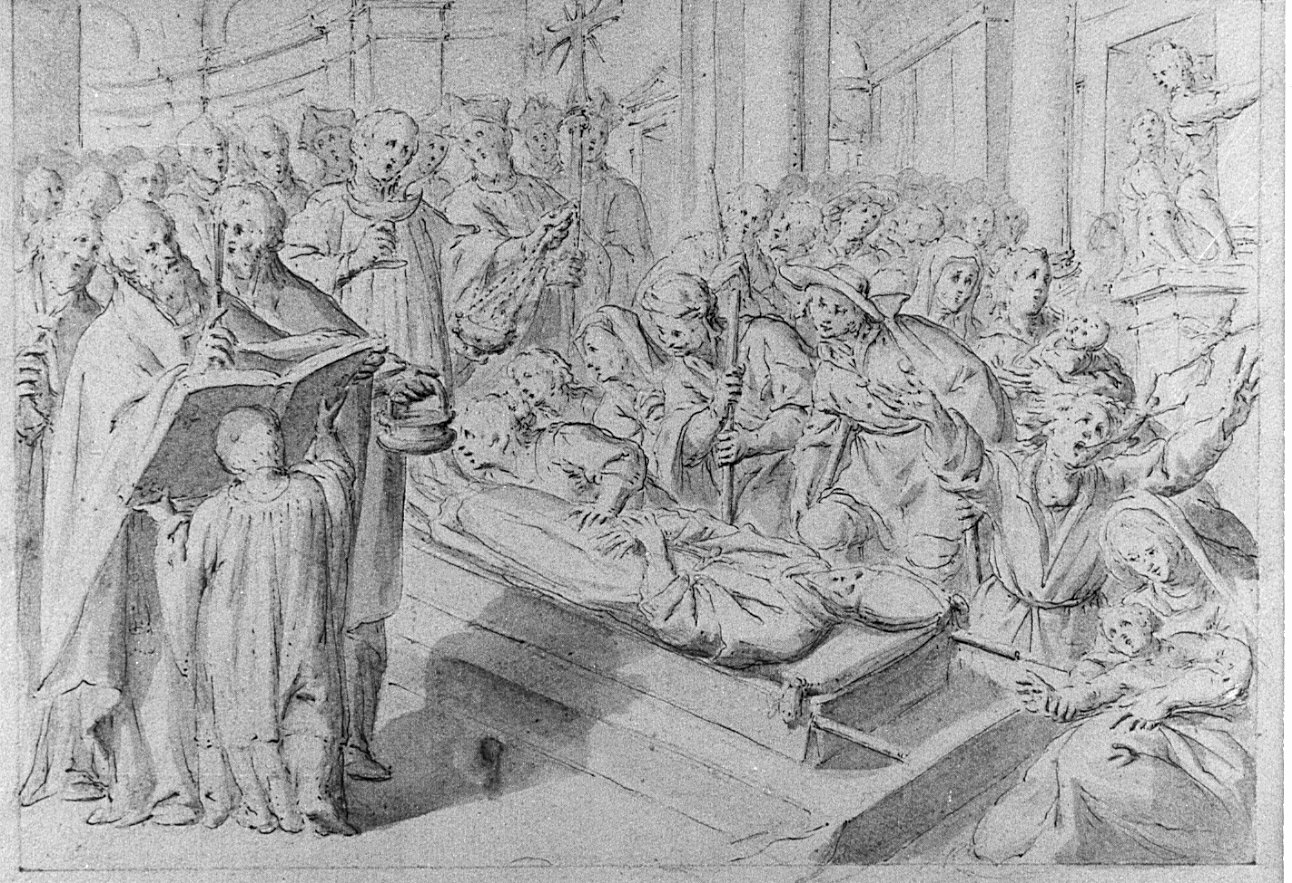 Episodi della vita di S. Alessandro Sauli: solenni esequie a Pavia (disegno) - ambito italiano (sec. XVII)