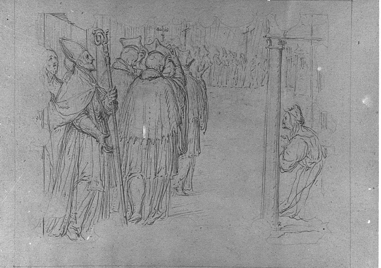 S. Alessandro Sauli, miracoli in vita: in tempo di siccità indice una processione per impetrare la pioggia (disegno) - ambito italiano (sec. XVII)