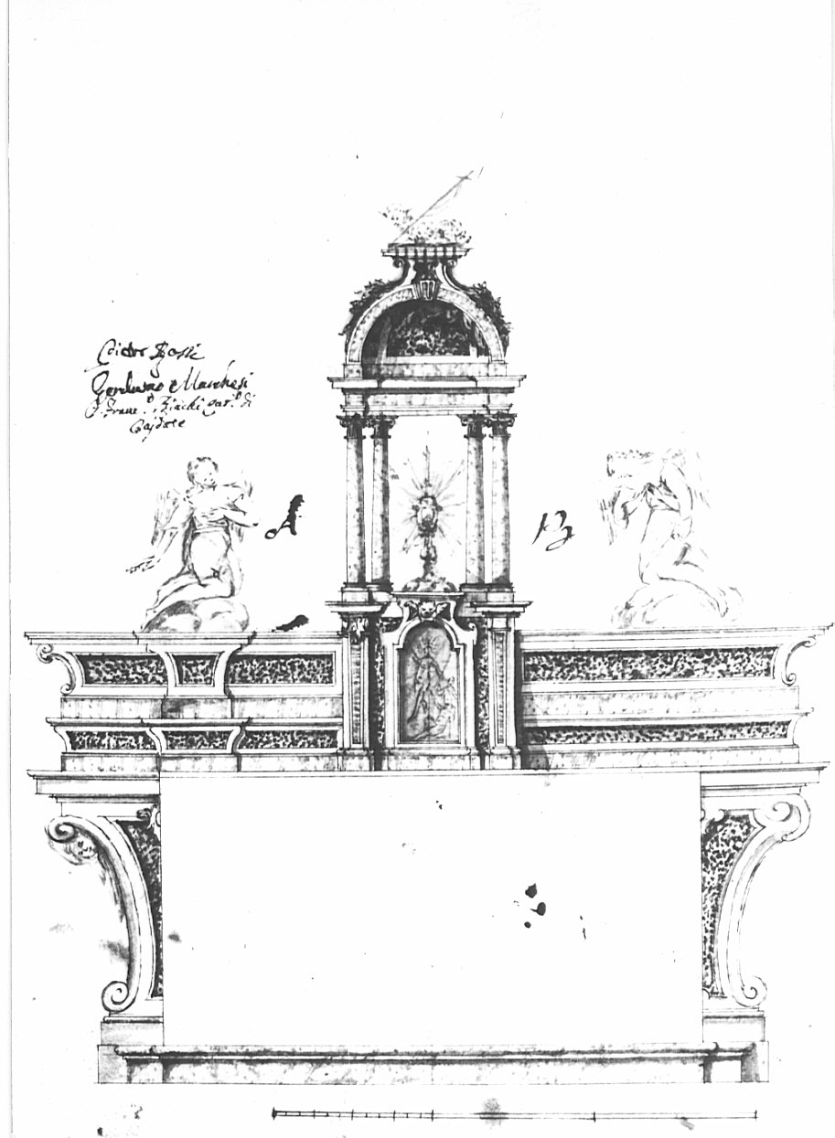 Progetto per l'altare maggiore della chiesa parrocchiale dell'Annunciazione a Brunello (loc. Azzate), architettura: progetto per altare maggiore (disegno, opera isolata) - ambito lombardo (sec. XVIII)