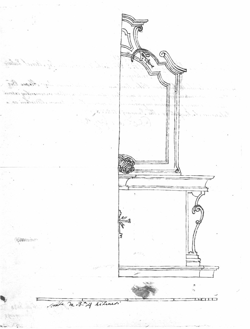 Progetto per l'altare della Beata Vergine per la chiesa parrocchiale di Santa Maria Annunciata di Cabiate, architettura: progetto per altare (disegno, opera isolata) - ambito lombardo (sec. XVIII)