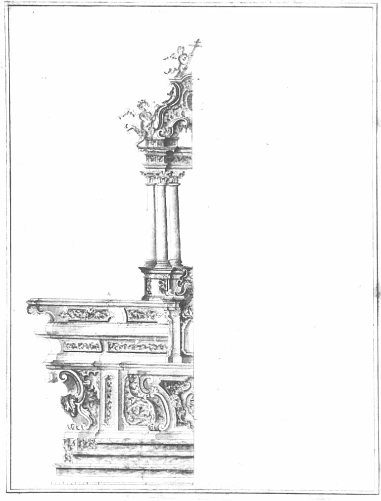 Progetto per l'altare maggiore della chiesa parrocchiale dei Santi Pietro e Paolo di Clivio, architettura: progetto per altare maggiore (disegno, opera isolata) - ambito lombardo (sec. XVIII)