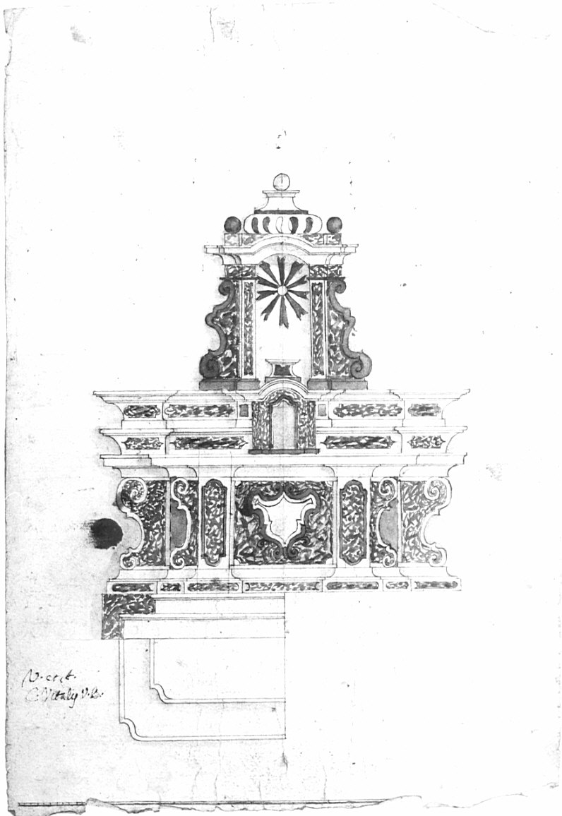 Progetto per l'altare maggiore della chiesa parrocchiale dei Santi Pietro e Paolo di Colmine, architettura: progetto per altare maggiore (disegno, opera isolata) - ambito lombardo (sec. XVIII)