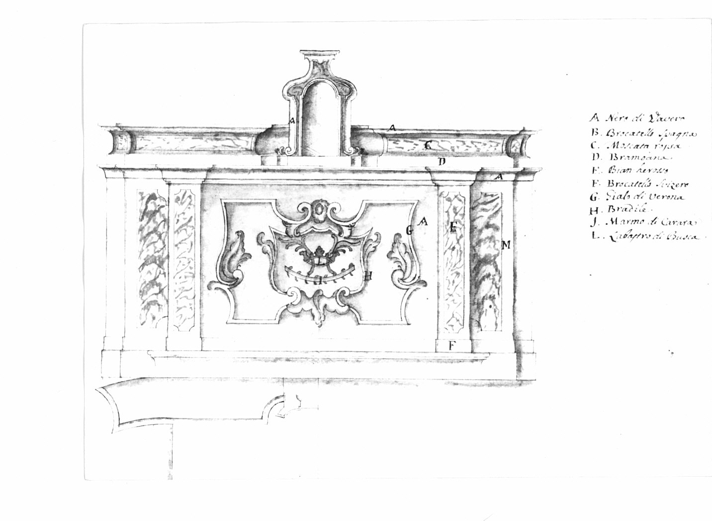 Progetto per l'altare maggiore della chiesa oratorio di Santa Caterina di Lozza (loc. Gornate Sup.), architettura: progetto per altare maggiore (disegno, opera isolata) - ambito lombardo (sec. XVIII)