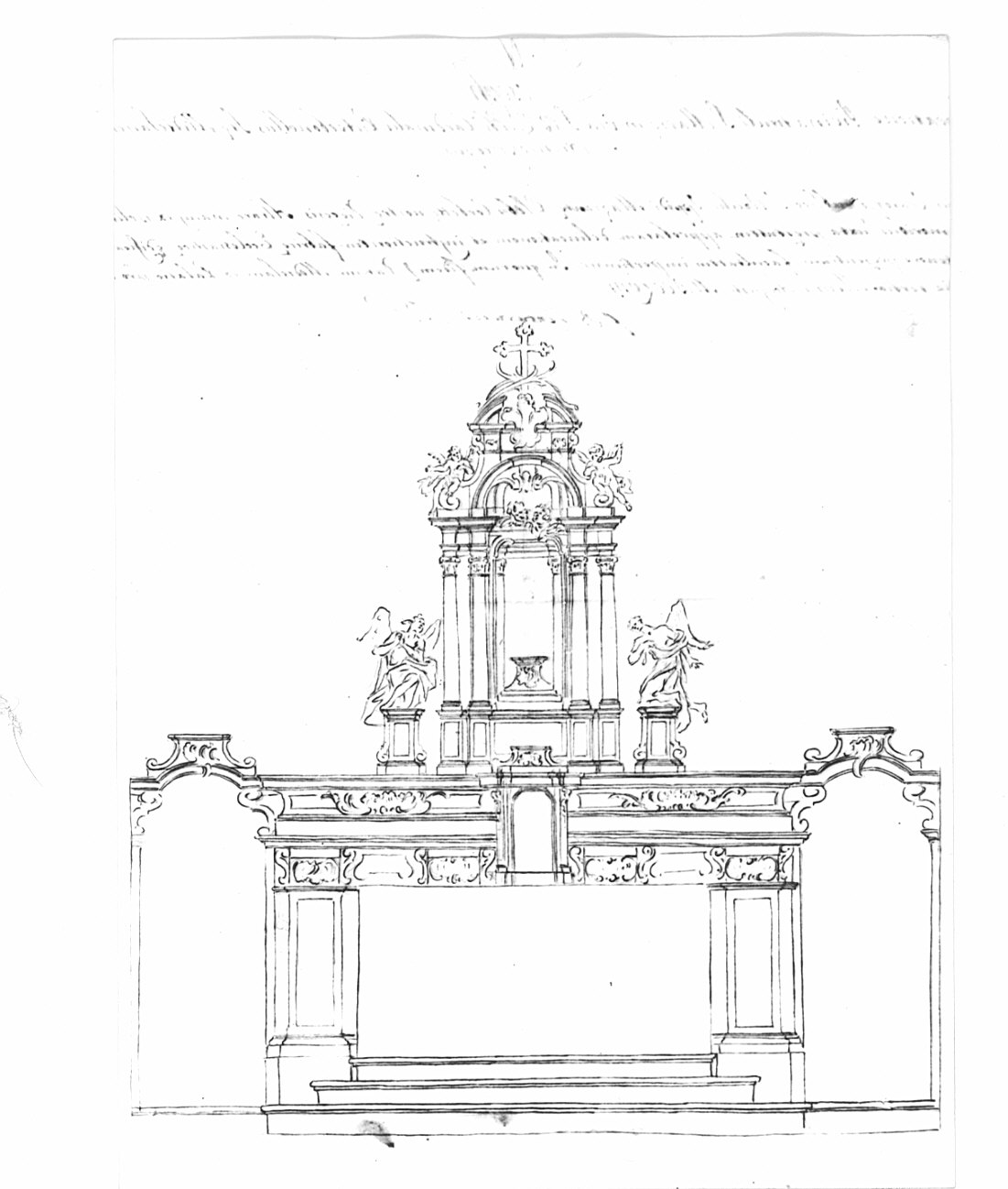 Progetto per l'altare maggiore della chiesa oratorio di Santa Caterina di Lozza (loc. Gornate Sup.), architettura: progetto per altare maggiore (disegno, opera isolata) - ambito lombardo (sec. XVIII)