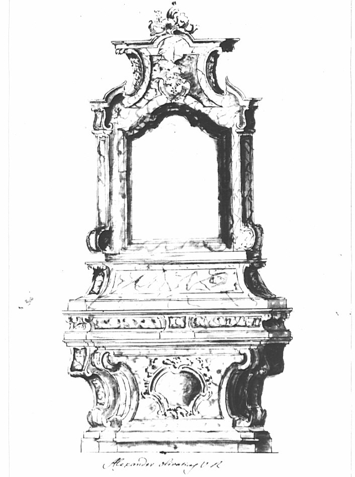 Progetto per l'altare della Beata Vergine Addolorata per la chiesa parrocchiale di Santa Margherita di Meina, architettura: progetto per altare (disegno, opera isolata) - ambito lombardo (sec. XVIII)