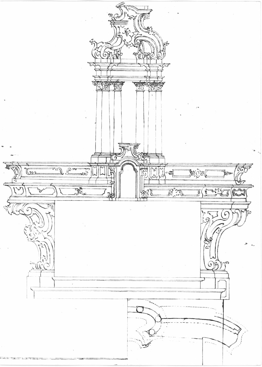 Progetto per l'altare maggiore della chiesa parrocchiale dei Santi Cosma e Damiano di Pinzano, architettura: progetto per altare maggiore (disegno, opera isolata) - ambito lombardo (sec. XVIII)