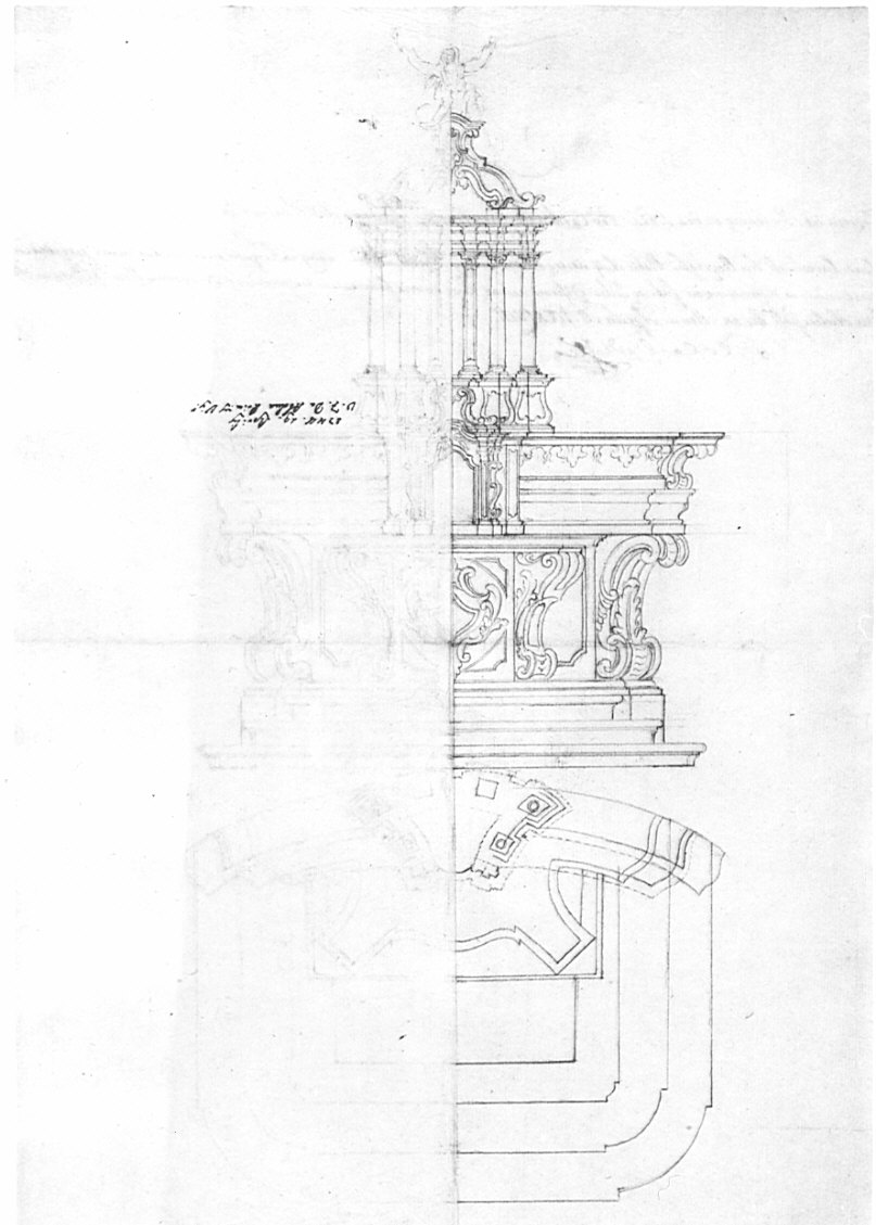 Progetto per l'altare maggiore della chiesa parrocchiale dei Santi Cosma e Damiano di Rezzago, architettura: progetto per altare maggiore (disegno, opera isolata) - ambito lombardo (sec. XVIII)