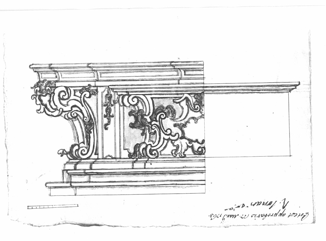 Progetto per l'altare di San Giovanni Battista per la chiesa parrocchiale di Santo Stefano di Viggiù, architettura: progetto per altare (disegno, opera isolata) - ambito lombardo (sec. XVIII)