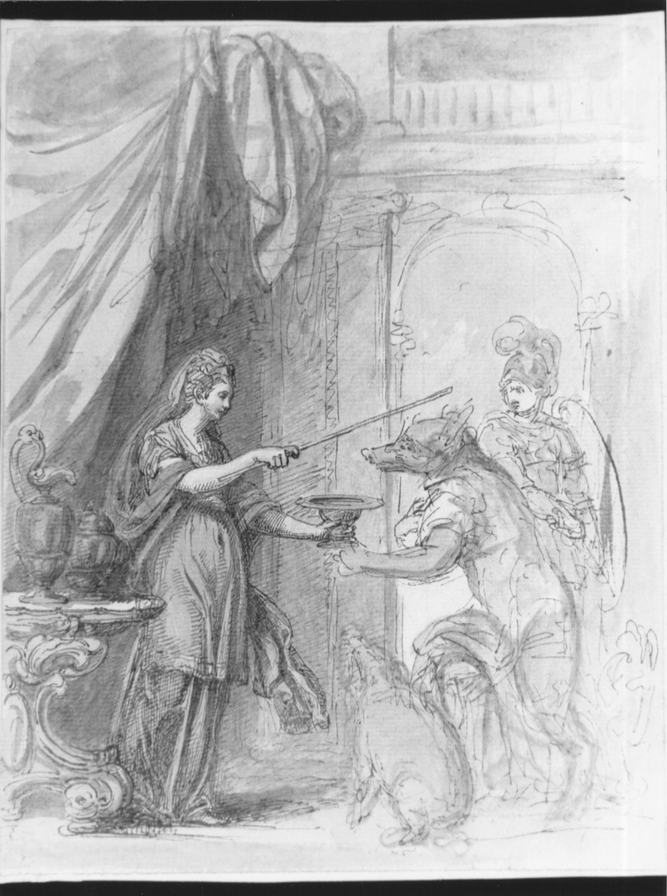 La maga Circe tramuta in porci i compagni di Odisseo, Ulisse nella casa di Circe (disegno, opera isolata) di Cosway Richard (primo quarto sec. XIX)