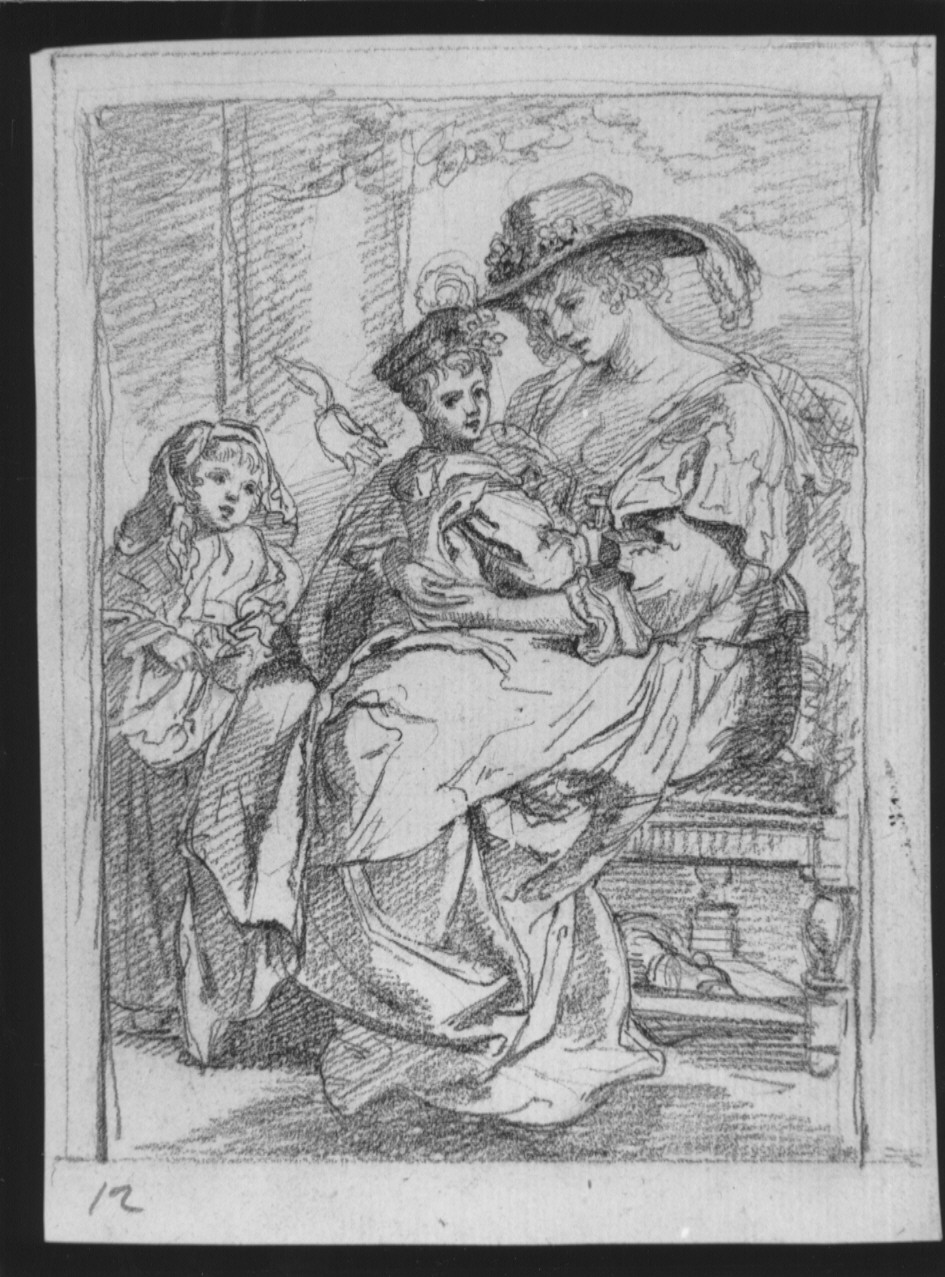 Ritratto di donna con due bambini, figura femminile seduta con bambini (disegno, opera isolata) di Cosway Hadfield Maria (primo quarto sec. XIX)