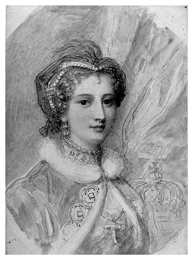Donna in costume reale (Maria regina di Scozia ?), figura femminile (disegno, opera isolata) di Cosway Richard (sec. XVIII)