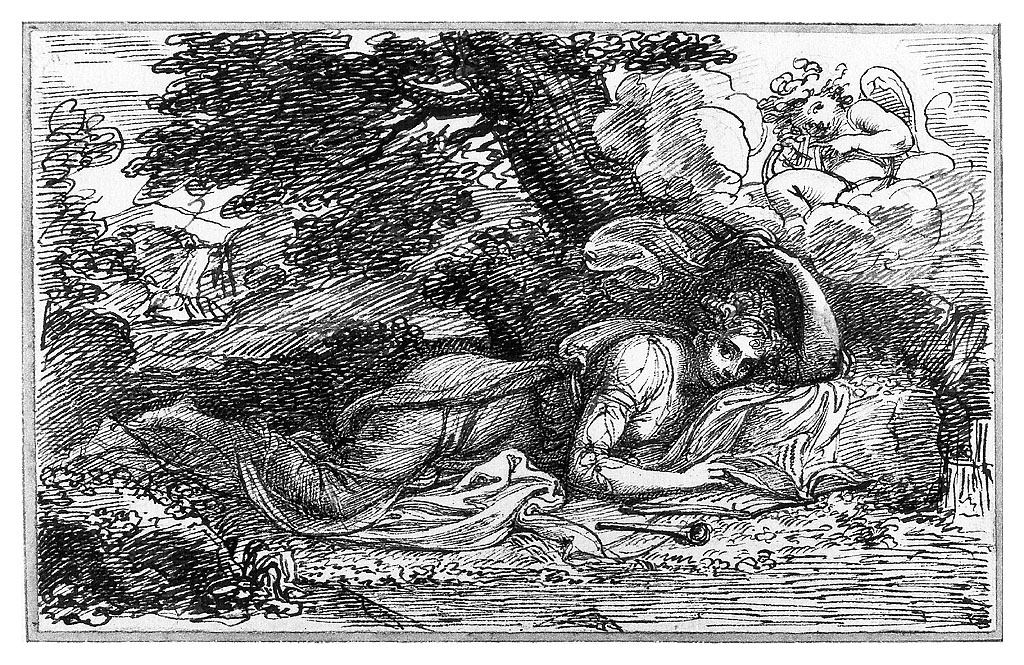 Ninfa con putto, paesaggio con figura femminile e putto che suona la lira (disegno, opera isolata) di Cosway Richard (sec. XVIII)