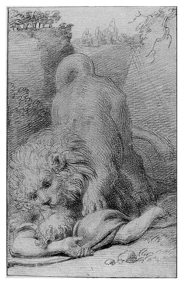 Leone che sbrana un uomo, leone con figura maschile (disegno, opera isolata) di Cosway Richard (inizio sec. XIX)