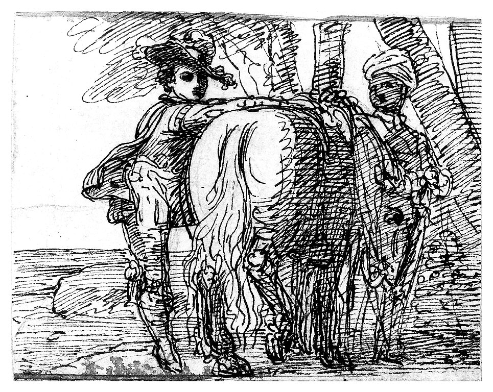 Cavaliere e servitore nero con cavallo, figure maschili (disegno, opera isolata) di Cosway Richard (sec. XVIII)