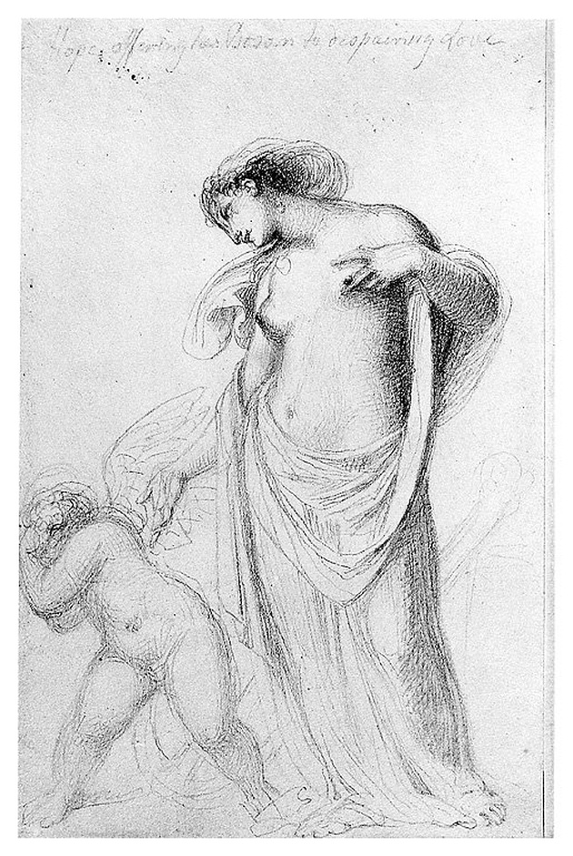Hope offering BoSan to despairing Love, figura femminile con putto (disegno, opera isolata) di Cosway Richard (inizio sec. XIX)